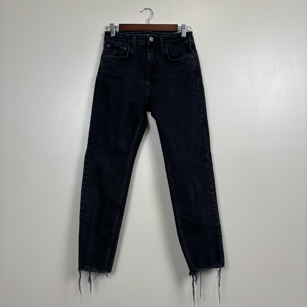 Zara Jeans Womens 4 Black Straight Leg Mid Rise Zip Fly Raw Hem City Denim